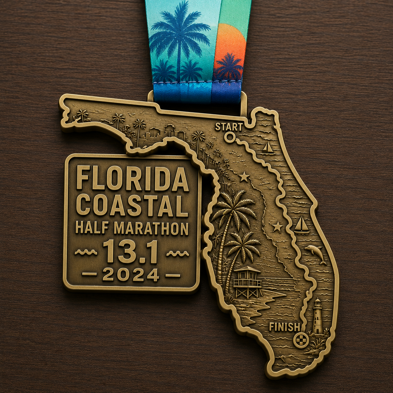 Medal shaped like Florida with 'Florida Coastal Half Marathon 2024' text on a wooden background