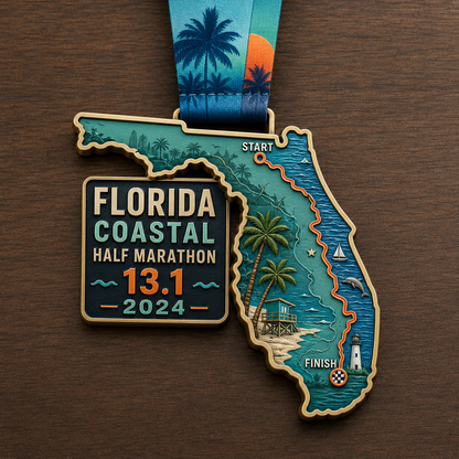 Medal shaped like Florida with 'Florida Coastal Half Marathon' text on a wooden surface